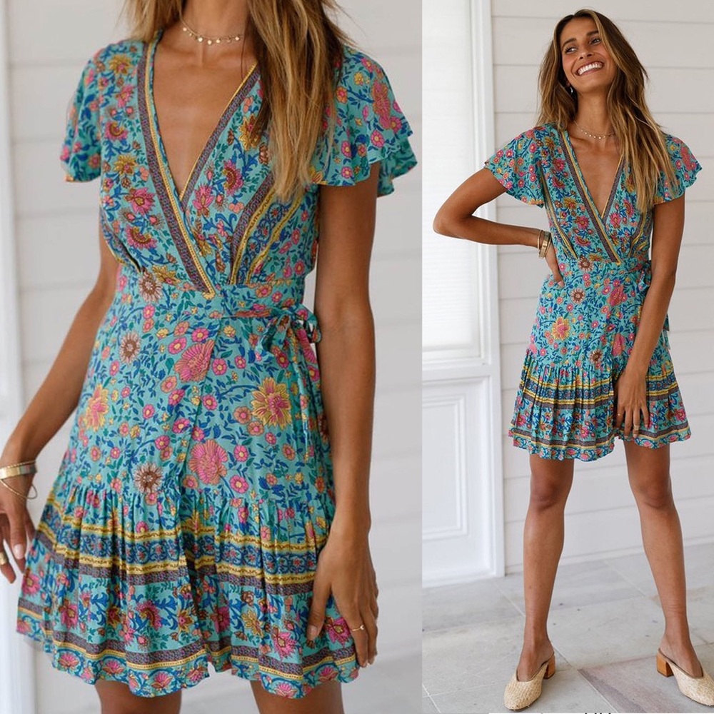 Turquoise Floral Boho Ruffle Mini Wrap Dress S M L - Picture 4 of 5